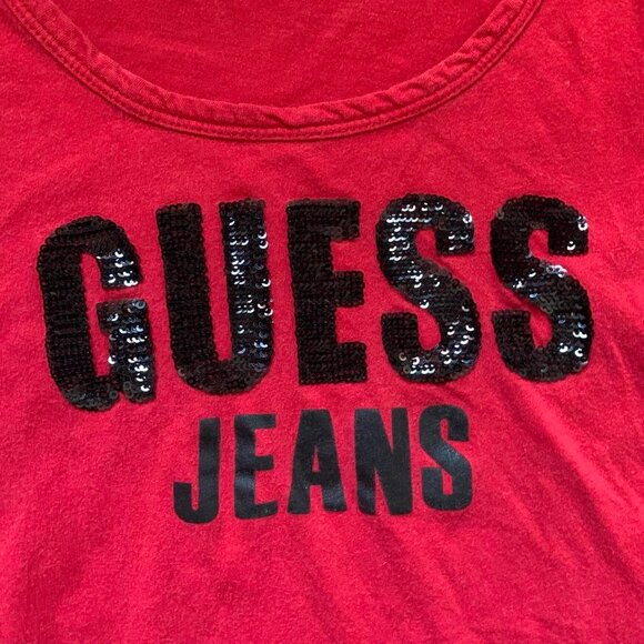 Vintage GUESS Jeans Women’s Size M T-Shirt Tee Red Black Short Sleeve Sequin - Picture 3 of 6
